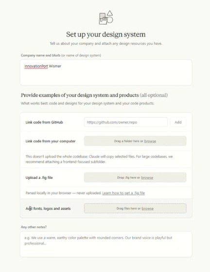 Formular Set up your design system mit dem eingetragenen Namen InnovationPort Wismar und Feldern fuer Logos, Schriften und weitere Dateien