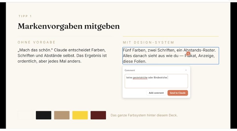 Markierte Textstelle auf einer Folie mit geoeffnetem Kommentarfeld und den Schaltflaechen Add comment und Send to Claude