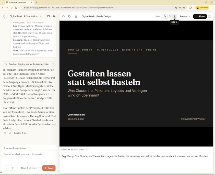 Claude Design mit der fertigen Titelfolie Gestalten lassen statt selbst basteln, links der Arbeitsverlauf, unten die Sprechernotizen