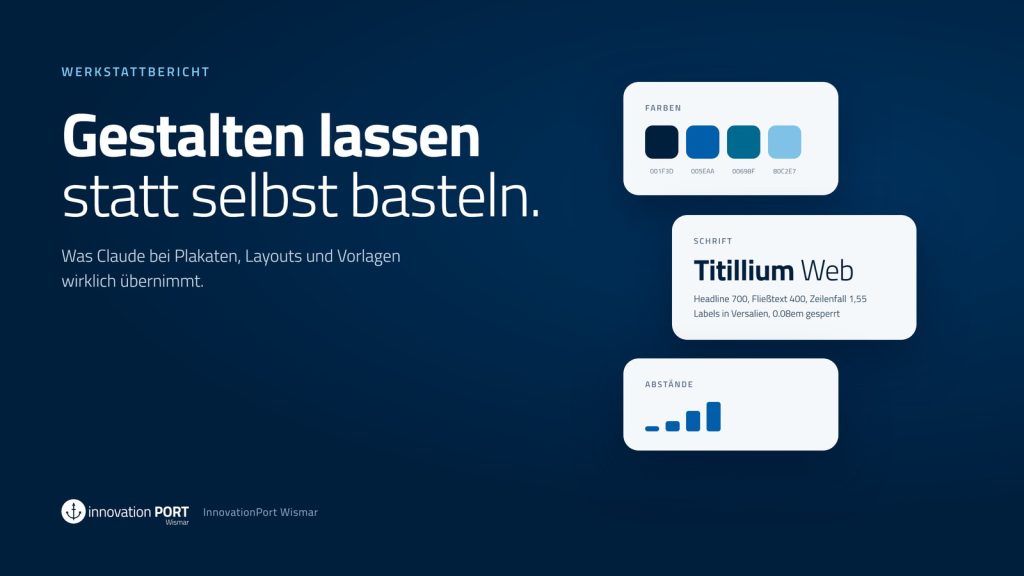 Titelgrafik im InnovationPort-Design mit Farbpalette, Schriftmuster und Abstandsskala als Bausteine eines Designsystems