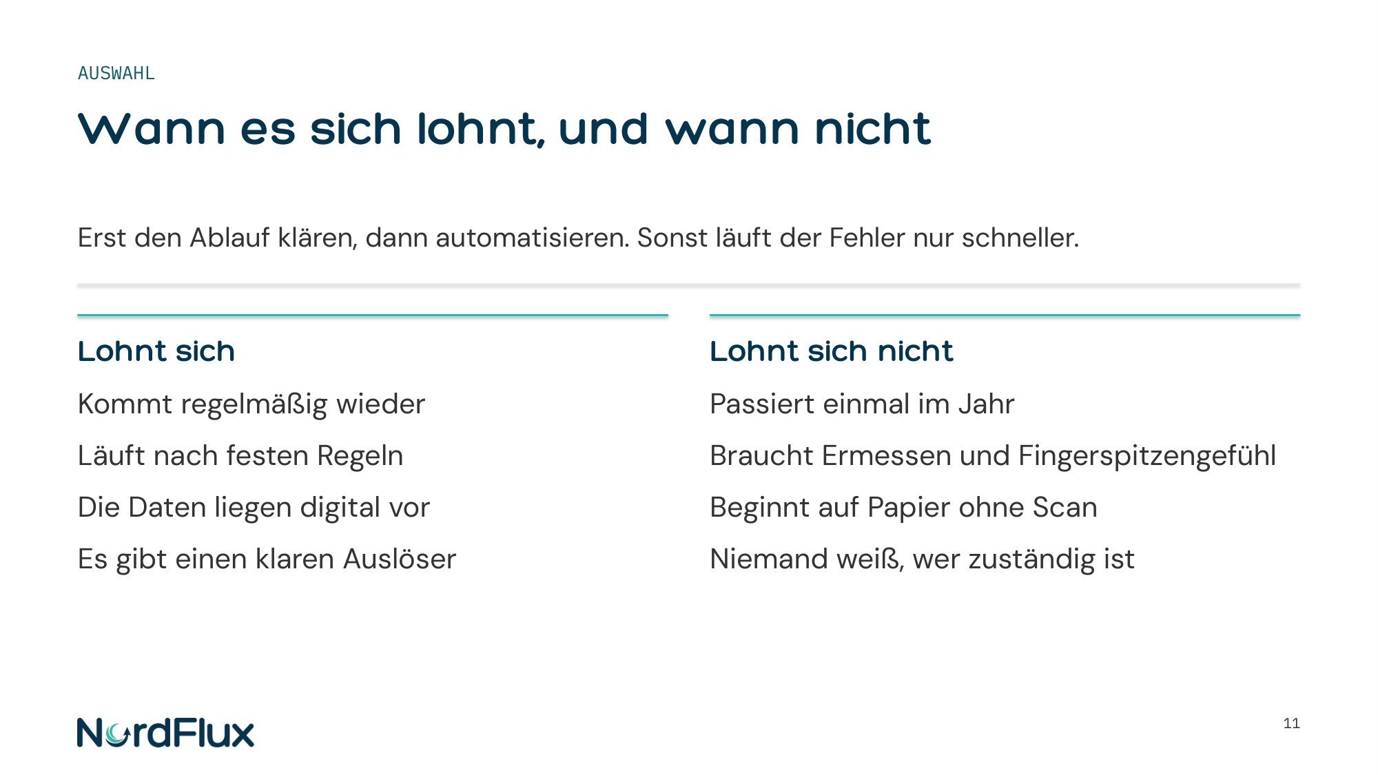 Folie Wann es sich lohnt, und wann nicht, mit zwei Spalten Lohnt sich und Lohnt sich nicht